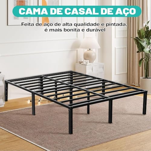 190 * 136 * 36 Cm Base Cama Casal, Estrutura de Cama de Casal Em Metal, Com Suportes de Ripas, Grande Espaço Embaixo da Cama