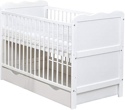 White Wooden 120x60cm Baby Cot Bed With Drawer Mattress Cot Bed