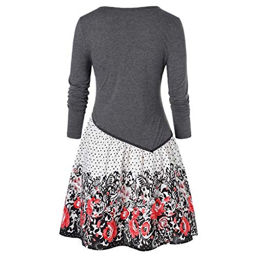 Women Fashion Casual Long Sleeve O-Neck Solid Asymmetric Lace Evening Party Prom Dress Midi Swing Dress (S-3XL)