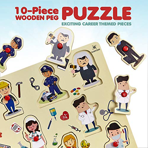 Wooden Peg Puzzle, Profession Theme - Learning Educational Pegged Puzzle for Toddler & Kids (10 pcs) Gleeporte - Thumbnail 3