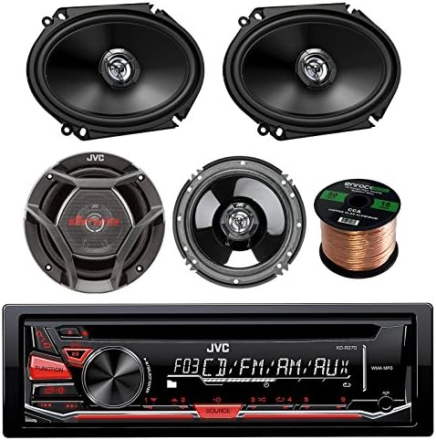 Single DIN CD MP3 AM/FM Radio Player Car Receiver Bundle Combo with 2X 6x8 Inch 300W Vehicle Coaxial Speakers + 2X 6.5 Inch 2-Way Car Audio Speakers + Enrock 50 Feet 16-Gauge Wire