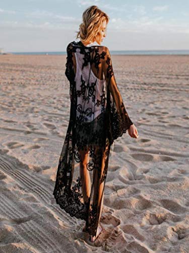 Womens Kimono Cardigan, Women Lace Bohemian Beach Long Oversized Kimono Coat (Black, Free Size)