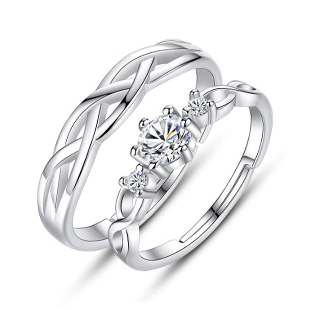 QIAMNI Matching Rings for Couples Set of 2 for Women Men Girls Silver Open Adjusted Ring for Wedding Band Marriage Lovers Promise Ring