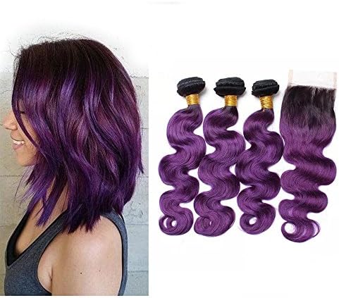 Mila 3 Bundles Ombre 1B/Purple Brazilian 8A Hair Body Wave with 1pc Lace Closure 100% Human Hair Weaving Extensions (12"12"12"+10"closure)