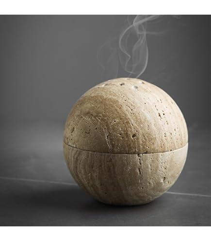 Brûleur D'Encens En Pierre Naturelle Travertin Koville - Design Sphérique à 9 Trous - Pour Cônes, Sauge, Palo Santo - Méditation & Décoration
