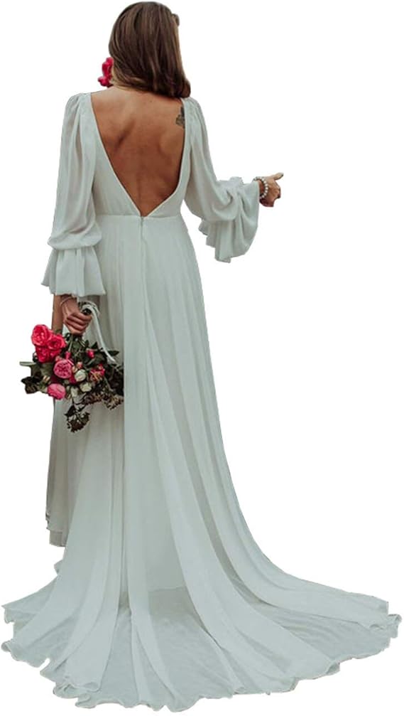 Amazon Mulanbridal ビーチウェディングドレス 花嫁用 Vネック 長袖 シフォン ヴィンテージ ブライダルガウン フォーマルイブニングガウン Us サイズ 24 カラー ホワイト ワンピース チュニック 通販