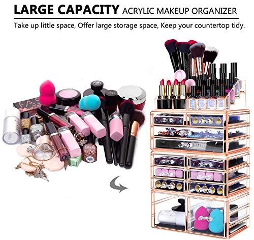 HBlife Makeup Organizer Acrylic Cosmetic Storage Drawers and Jewelry Display Box with 12 Drawers, 9.5" x 5.4" x 15.8", 4 Piece,Pink - Image 3