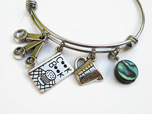 Baker Chef Bracelet with Abalone Shell, Expandable Bangle Bracelet, Stainless Steel Bracelet, Cookbook Jewelry, Home Baker Gift
