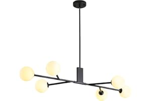 3WWWUEE Modern Black Sputnik Island Light, 6-Light Glass Linear Chandelier for Dining Room, 46'' Ceiling Pendant Light Fixture with Globe Lampshade, Large Hanging Lamp Over Table, Bar, G9 Base