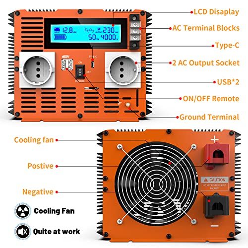 Inverter 12 V 220 V Pure Wave 4000 W Power Inverter 12 V to 220 V Power Converter with Remote Control & Dual AC Sockets & 2 x USB & Type-C Port for Car Camper