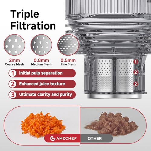 AMZCHEF Cold Press Juicer Machines, Slow Masticating Juicer with Low Noise DC Motor & Triple Filter, 160mm Wide Chute & 2L Capacity for Whole Fruits and Vegetables, Easy to Clean, Stainless Steel
