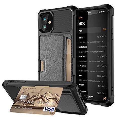 iPhone 11 2019 6.1 Case, Ranyi Slim Carbon Fiber Wallet Case with Credit Card Holder Slot Shock Absorbing Resilient TPU Rubber Defender Protective Case for Apple 2019 6.1 Inch iPhone 11 (Black)