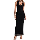 Felyra Women's Bodycon Maxi Dress V Neck Sleeveless Ruched Formal Wedding Guest Party Long Dresses with Scarf