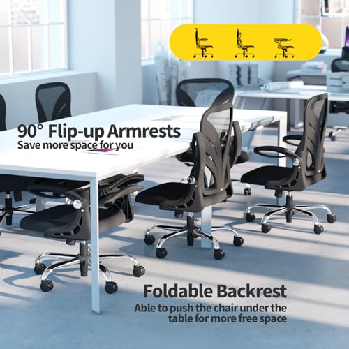 HOLLUDLE Ergonomic Office Chair with Foldable Backrest, Computer Desk Chair with Widened Seat(52 CM), Flip-up Armrests, Mesh Lumbar Support and Tilt Function, Black