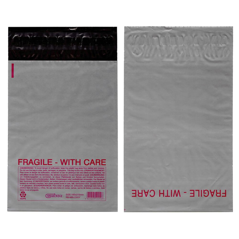 Heavy Duty Polythene Mailing Postal Mailer Bags Shipping Grey with Red Fragile(B00-120x215mm (4.72'' x 8.46''),100)