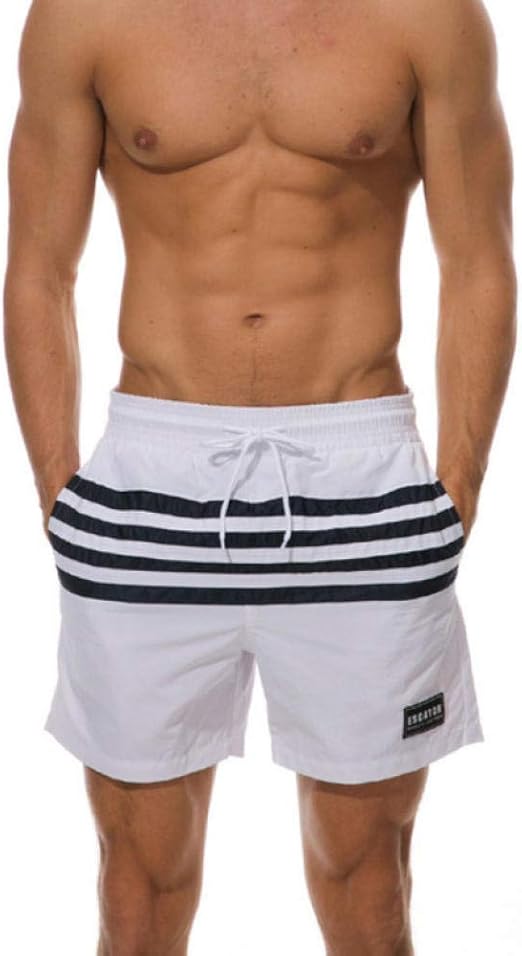 ACEYCHUANG Men's Fashion Swimwear Sports QuickDrying White Striped Beach Shorts Bermuda Shoes