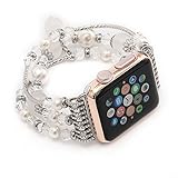GEMEK Compatible with White Apple Watch Band 38mm 40mm Women Agate Pearl Bracelet Strap, Fashion Handmade Elastic Replacement for iWatch Bands Series 4 3 2 1 Girls Wristband (Silver 38mm)