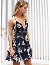 milumia de la mujer floral cuello en V Halter sin espalda correa de espagueti Cami Swing Mini vestido corto