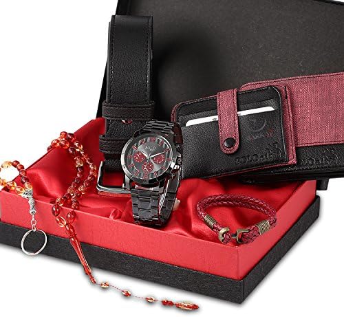 POLO Men's Red Set ( Wrist Watch - Belt - Wallet - Credit Card Holder - Key Chain - Bracelet - Bead )