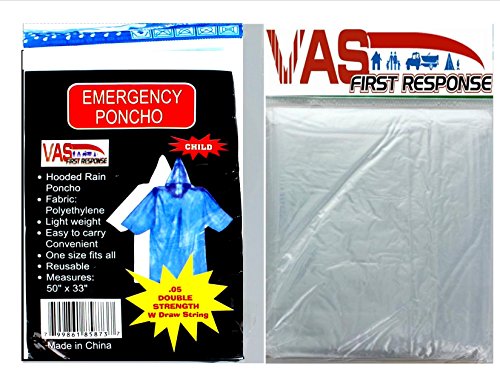 VAS CASE BULK PACK - 200 DOUBLE STRENGTH EMERGENCY RAIN PONCHOS - WITH SLEEVES &DRAWSTRING HOOD (ADULT & CHILD, 2 COLORS TO CHOOSE FROM) (CLEAR, CHILD 40X60)