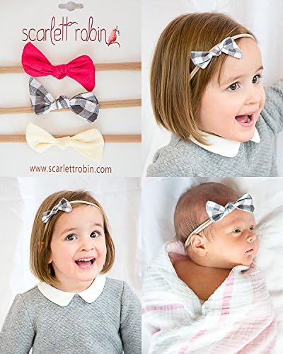 3 Baby Girl Hair Bows on Nylon Headbands | Fabric "Check it Out" | By PureBloom".