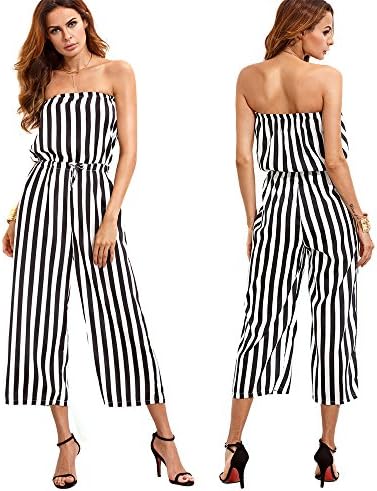 OUMAL Women Strapless Jumpsuits Off Shoulder Cute Striped Wide Leg Backless Summer Jumpsuits Rompers