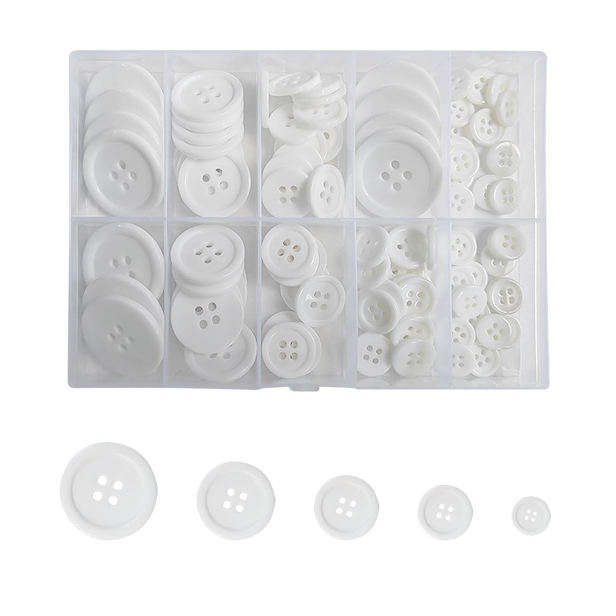 Photo 1 of 100 White Buttons - 4-Hole, 5 Sizes - Shirt Buttons for Crafts & Sewing