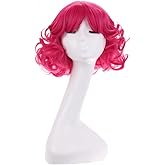 MAGQOO Hot Pink Wig Magenta Wig with Bangs Women Girls Short Curly Wavy Rose Red Wigs Synthetic Cosplay Costume Wigs