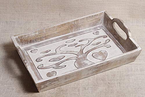 Father’s Day Gifts Tree of Life Hand Carved Wooden Breakfast Serving Tray with Handle for Tea Snack Dessert Kitchen Dining Serve-ware Accessories 15 x 10 Inches