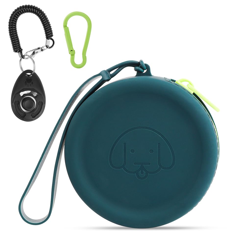 WALLFID Silicone Dog Treat Pouch Small Bag,with Pet Training Clicker,Walking Bag for Dog and Cat, Pocket Size, Easy to Clean, Odorless, Zipper Design,Moisture-proof,Travel Walking Bag (dark green)