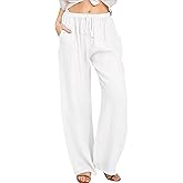 ebossy Women's Cotton Linen Pants Elastic High Waist Drawstring Wide Leg Lounge Palazzo Yoga Trousers