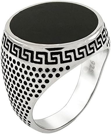 Mens Wide Royal Signet Black Round Sterling Silver Ring