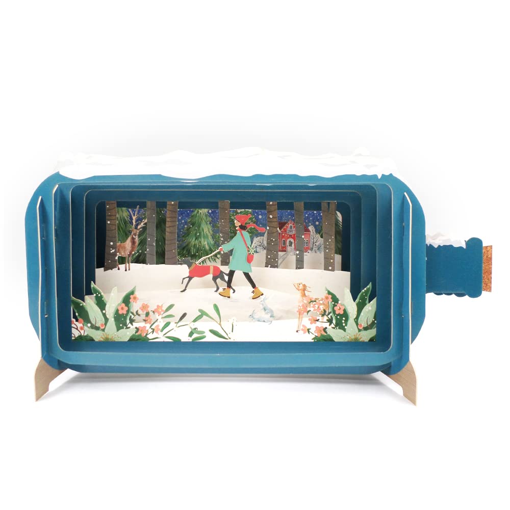 Message In A Bottle Snowy Woodland Dog Walk Pop Up Christmas Card By Alljoy Card XMIB069