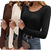 Ekouaer Long Sleeve Shirts for Women 3 Pack Scoop Neck Fitted Tops Thermal Undershirt Stretch Base Layer Soft Tee XS-XXL