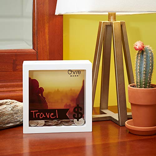 OVIE Adult Piggy Bank $ - Shadow Box with Wood Frame - Keep in Kitchen to Track Vacation/Honeymoon/Wedding/Adventure Funds - 6X6 Frames - Clear Glass/Picture Background/Colored Markers