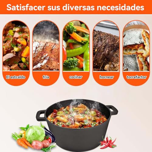 2 En 1 Horno Holandés Hierro Fundido con Tapa,4.7L Olla Holandesa Redonda,Doble Función Horno Espesado,con Mango Y Almohadilla de Silicona,para Varias Estufas,Se puede freír o saltear,Diámetro 26cm