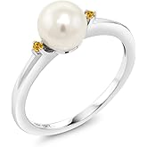 Gem Stone King 10K White Gold 7mm Cultured Freshwater Pearl Women Engagement Ring with Yellow Created Sapphire
