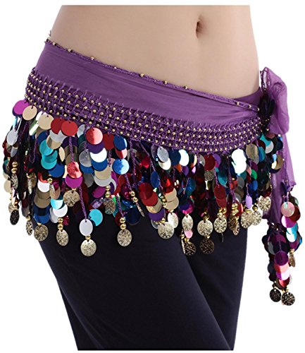 Belly Dancing Belt Colorful Waist Chain Belly Dance Hip Scarf with Sequins and Dangling Gold Coins , purple