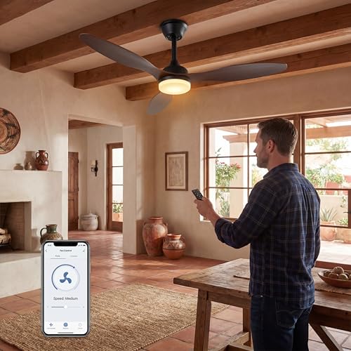 Ventilador de Techo con Luz de 107cm, 42 Inch Ceiling Fan, Color madera negro, Control de aplicaciones móviles con Control Remoto, 6 Velocidades, Luz LED de 3 Colores, 3 Cuchillas, Motor CC Reversible