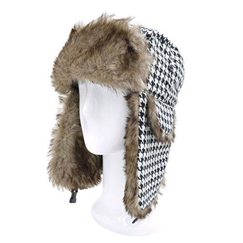 Winter Houndstooth Faux Fur Trapper Ski Snowboard Hunter Hat, Black/White