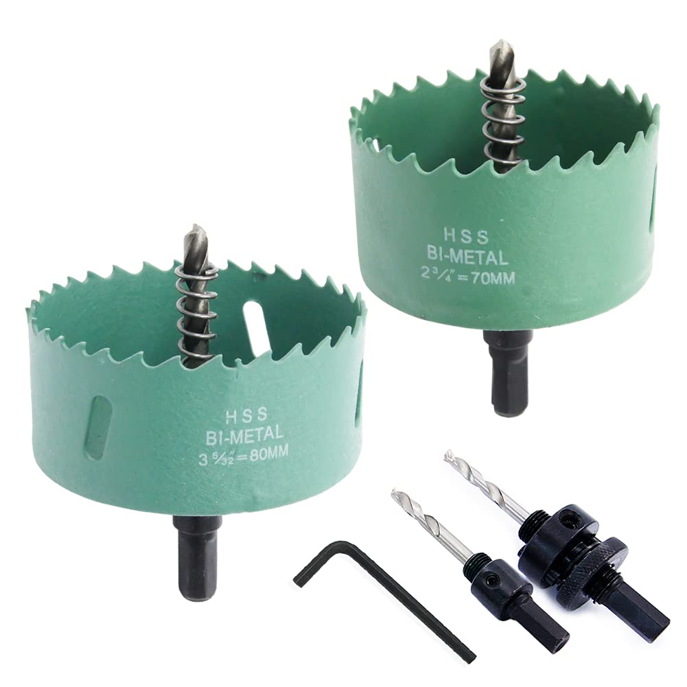 Hole Saw Set, LAIWEI 70mm and 80mm Combination Hole Cutter, 1 A2 Heavy Mandrel, 1 A4 Small Mandrel, 1 6-Angle Wrench, Drilling Tool for Opening Holes in Wood, Plastic,etc.