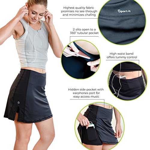 Active Skirt with Underneath Shorts, Mid-Length Skirt Shorts with Side and Waistband Pockets, Tummy Control (Medium, Plum)