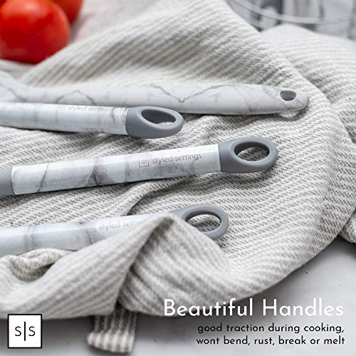 Grey Cooking Utensils With a Modern Look of Marble Utensil Holder Included - Marble Kitchen Accessories. 16-Piece Nylon Cooking Utensils Set with Holder incl. Grey Measuring Spoons and Cups Set