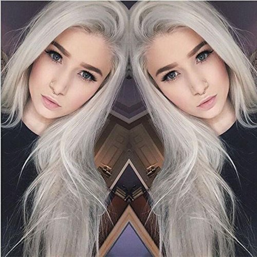 Fashion Natural Silver Grey Long Straight Synthetic Lace Front Wig Full Glueless Light Grey Heat Resistant Hair Women Wigs