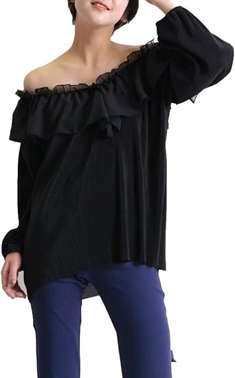 Amazon ゴールドジャパン 大きいサイズ レディース トップス ブラウス 谷間 オフショル フリル 長袖 プリーツ バルーン袖 ストレッチ シャツ ブラウス 通販