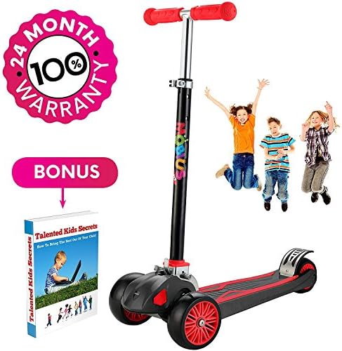 Scooter For Kids, Maxi Foldable Kick Scooter Deluxe, handlebars adjustable age 5-12, Surface Balance Technology 2"widthX3 Wheels 24 Months Guarantee eBookGift Talented Kids Secrets (Red &amp; Black)