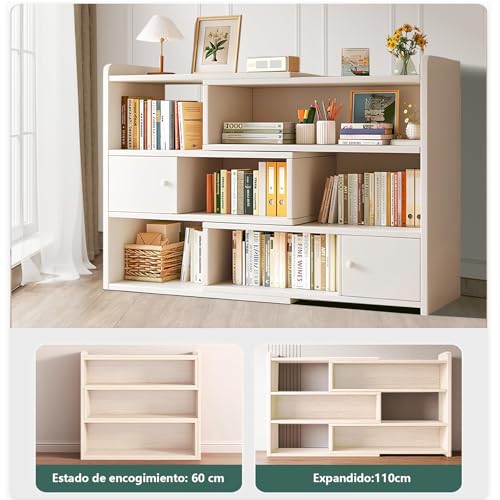 KINKUNCO Librero Organizador de Libros 3 Niveles con cajones librería Extensible en Longitud Estantería, para almacenar Libros en el salón el Estudio o el Dormitorio, Ideal para Organización (Blanco)