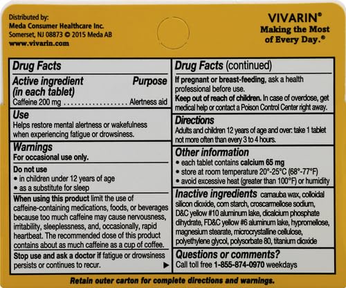 VIVARIN, CAFFEINE PILLS, 200MG CAFFEINE PER DOSE, SAFELY AND EFFECTIVELY HELPS YOU STAY AWAKE, NO SUGAR, CALORIES OR HIDDEN INGREDIENTS, ENERGY SUPPLEMENT, 40 TABLETS