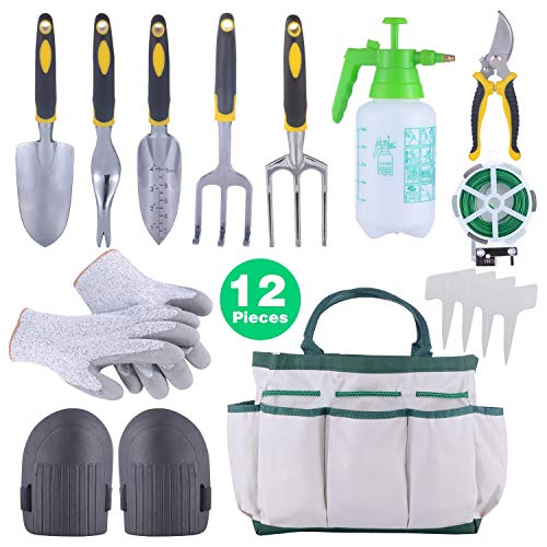 Sonyabecca 12pcs Garden Tools Set Gardening Gift Kit Ergonomic Gardening Tools with Garden Tote 6 Hand Tools Anti-Cutting Gloves Sprayer Knee Pads Plant Labels Plant Rope