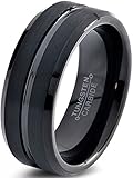 Tungsten Wedding Band Ring 8mm for Men Women Comfort Fit Black Beveled Edge Polished Brushed Size 11.5